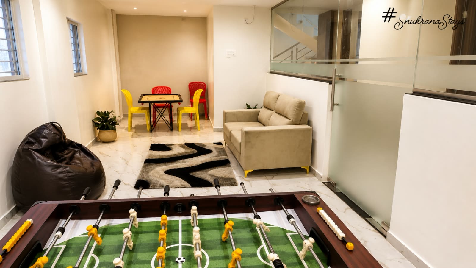 Indoor games and foosball area at Shukarana Stays co-living