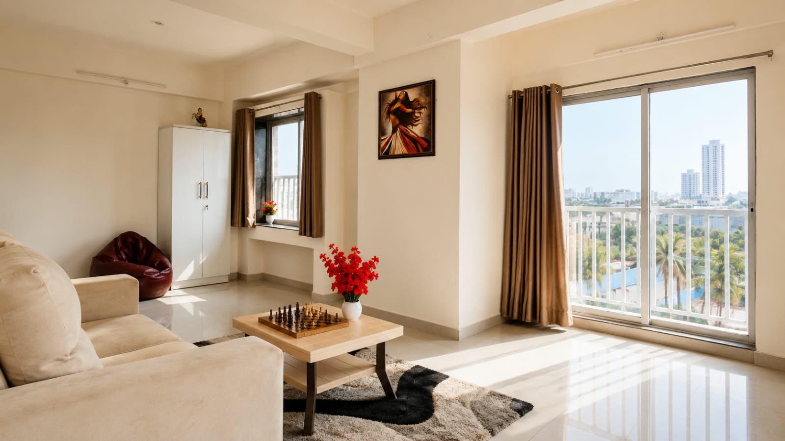 Bright common lounge with sofa, chess and balcony view at Shukarana Stays