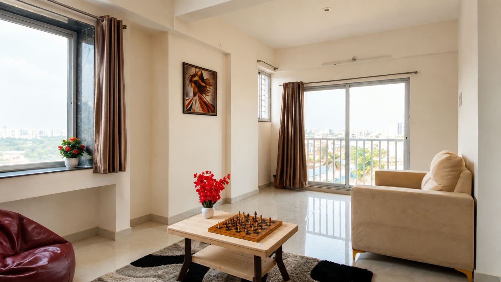 Spacious living area with chess setup and city-view balcony at Shukarana Stays
