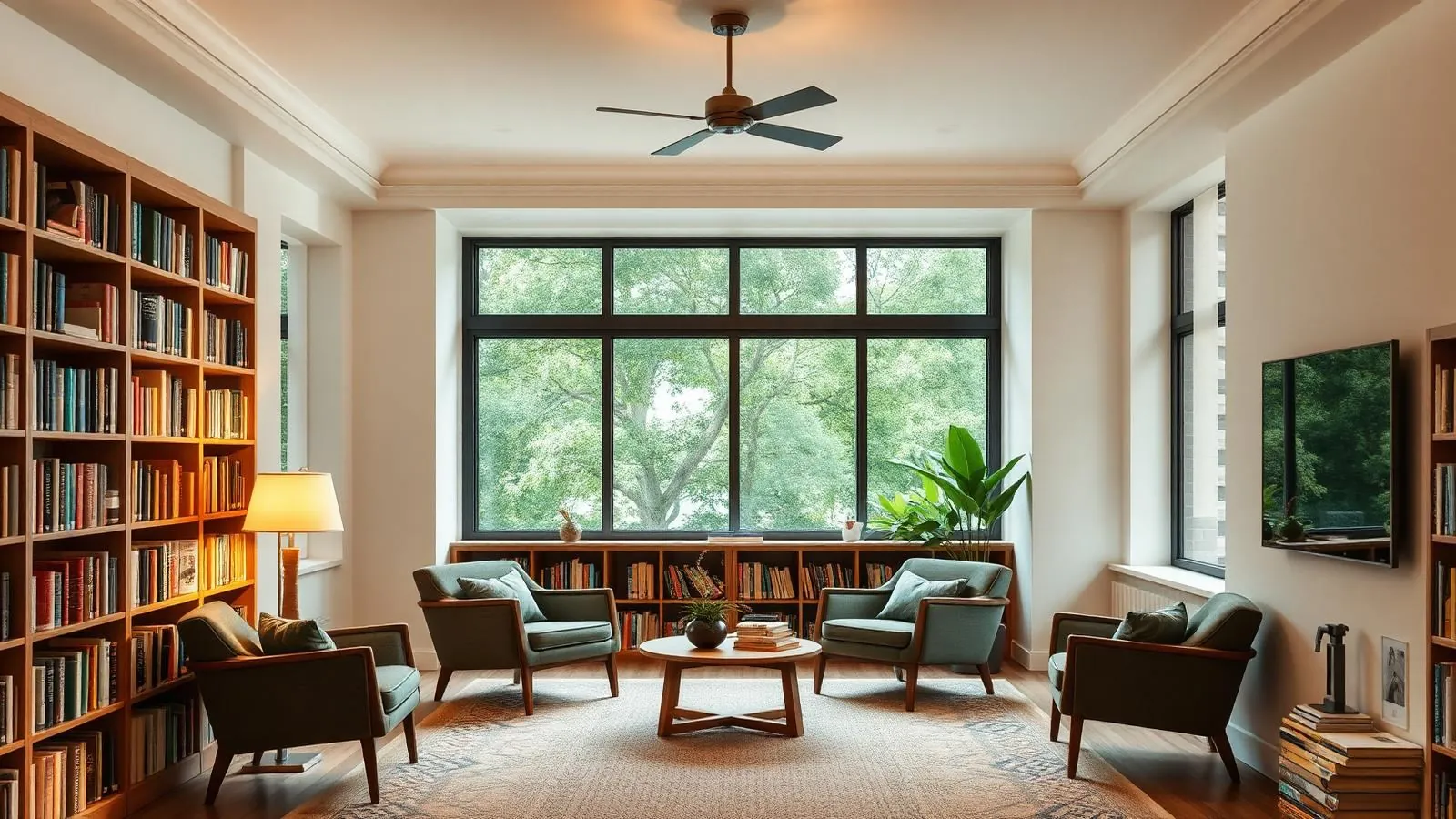 Library corner with bookshelves and armchairs