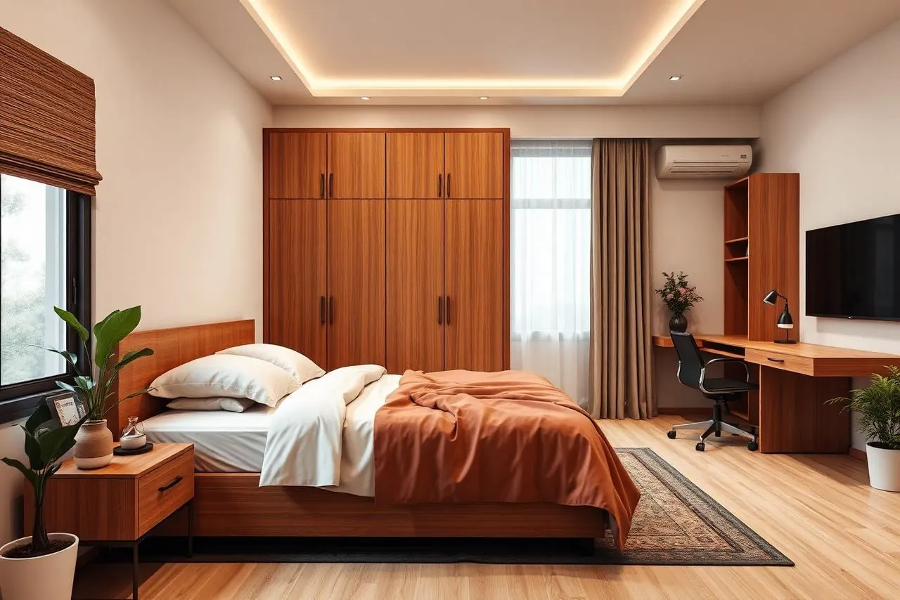 Private couple room with double bed, wardrobe and study desk