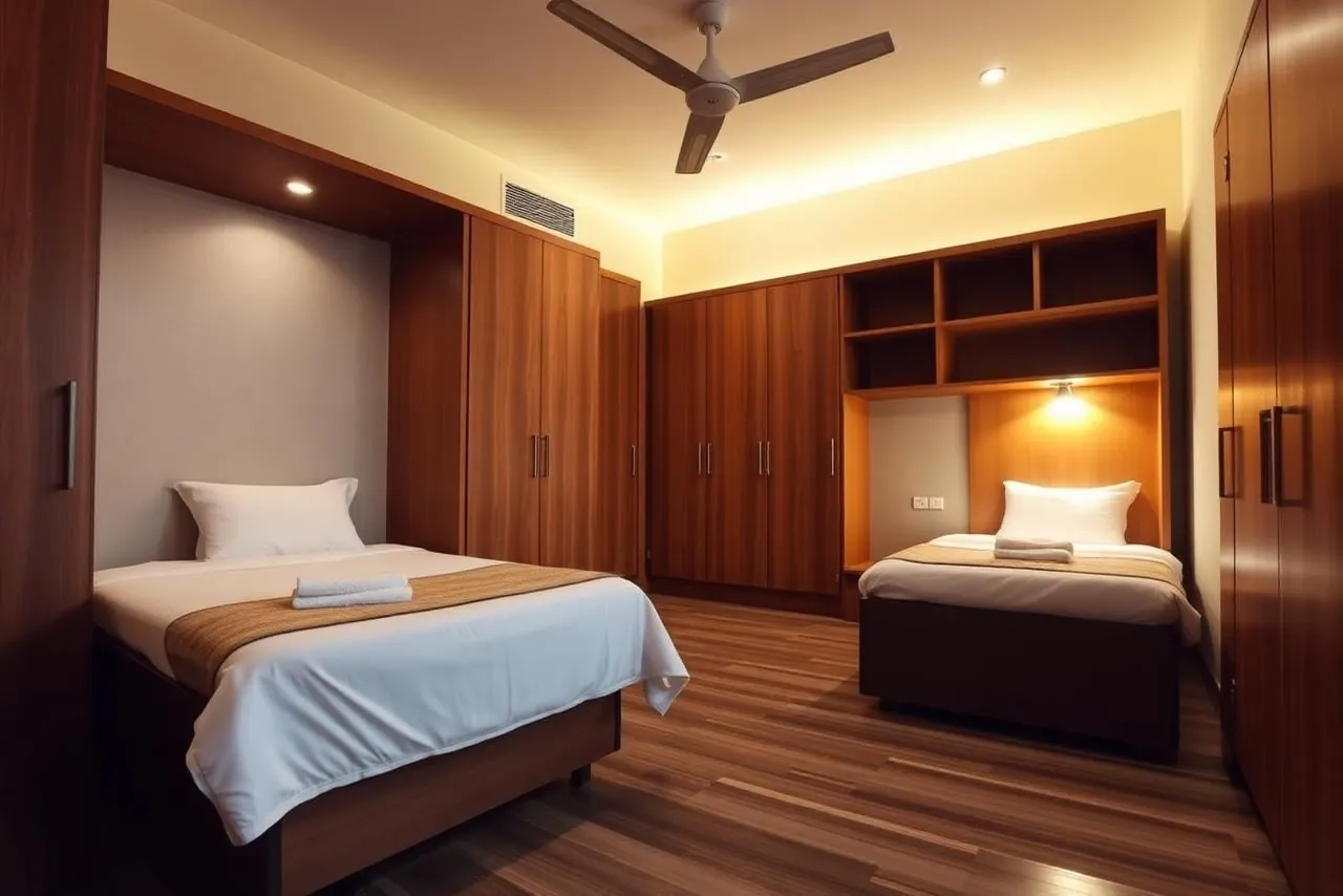 Twin sharing room with two single beds and wooden wardrobes